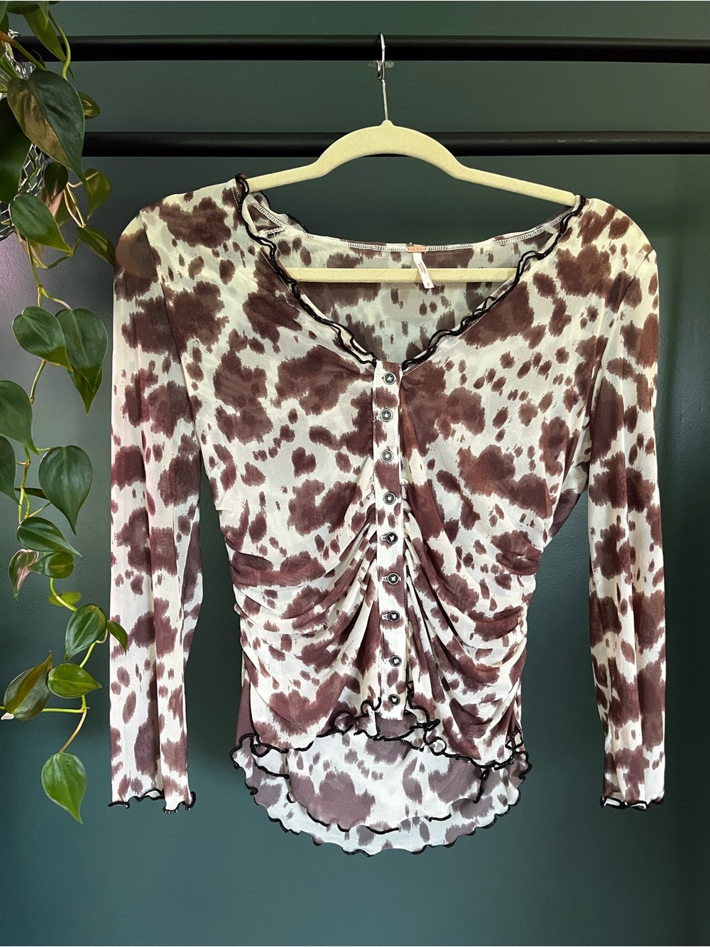 Free People Ruched Long-Sleeve Cow Print Top in Brown and Cream